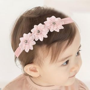 Bethynas White Flower Lace Elastic Headband for Baby Girls Floral Baptism Christening Toddler Hairband Infant Flower Pearl Birthday Party Hair Accessory for Newborn Girl (Pink)