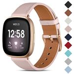 CeMiKa Leather Strap Compatible with Fitbit Sense/Fitbit Versa 3 Strap, Genuine Leather Straps Replacement Wristband Compatible with Fitbit Versa 3/Fitbit Sense Strap for Women Men, Pink Sand