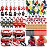 96Pcs Ninja Party Favors for Kids - Ninja Party Supplies with Ninja Figurines Keychains Bracelet Flying Ninjas Toys Ninja Birthday Party Supplies Decor