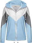 SoTeer Women's Lightweight Hooded Raincoat Jacket Contrast Color rain Jacket Casual Thin Windbreaker Jacket Lake Blue X-Large