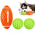 AUSCAT 3PCS Squeaky Rubber Dog Toy Balls, Indestructible Dog Toy for Aggressive Chewers, Fetch Interactive Dog Ball for Small Medium Dogs, 4.1" Orange Rugby and 2.1" Green Footballs