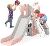BIERUM 7 in 1 Toddler Slide, L-Shaped Kids Slide for Toddlers Age 1+ with Basketball Hoop and Ball, Ring Toss, Storage Space, Outdoor Indoor Slide Playset Toddler Playground Easy Assembly Pink Gray