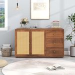 DEMIWALL Two Door Cabinet with 3 Drawer | Wooden Sideboard | 2 Door Cabinet | Rattan Caning Cabinet | Brown Finish