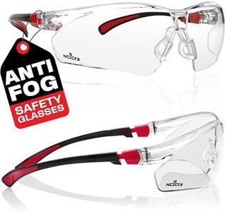 NoCry Safety Glasses with Clear Anti Fog Scratch Resistant Wrap-Around Lenses and No-Slip Grips, UV Protection. Adjustable, Black & Red Frames (10 pack)