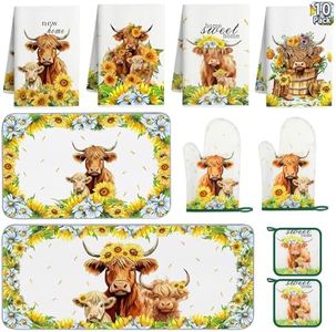 Vetoxka 10 Pcs Highland Cattle Kitchen Decor and Accessories - Sets 4 Kitchen Towels 2 Pot Holders 2 Oven Mitts 2 Rugs for Sweet Home Bathroom Sunflower Cow Cooking Farmhome Housewarm Baking Gifts