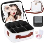 Aiborke Travel Makeup Bag with Led Mirror Make up Case with Lighted Mirror Cosmetic Organizer bag with Adjustable Dividers and 5X Magnifying Mirror Makeup Box Vanity Case for Women (White+Brown)