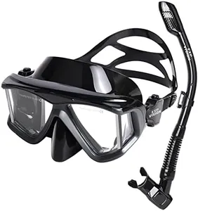 Snorkel Set Pano 4 Adult Snorkeling Gear, Professional Anti-Fog Snorkel Mask Dry Top Snorkel, Tempered Glass Scuba Diving Mask for Freediving, Snorkeling and Swimming (Black Snorkel Set)