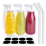 6Pcs 250ml Glass Milk Bottles with Lids, Small Glass Juice Bottles Reusable Glass Milk Jars Mini Milk Bottles with Lids，Glass Straws，Labels and Whiteboard Pen for Beverages, Weddings Decoration