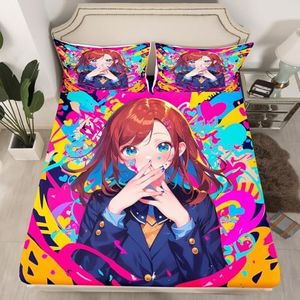 Erosebridal Anime Girl Queen Bed Sheets, Japanese Anime Bedding Set 3 Piece for Kids Girls Teens Adult Bedroom Decor, Cartoon Girl Fitted Sheet Kawaii Japanese Animation Sheets