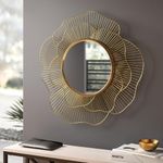 Artemade Cast Iron Iron Framed Decorative Wall Mounted Round Hanging Mirror Vintage Flower Leaf Design Golden Modern Art Mirror For Living Room, Home Decor (60 Cm)