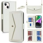 Jaorty for iPhone 14/iPhone 13 Wallet Case with Crossbody Lanyard Strap,iPhone 14 Flip PU Leather Phone Case Purse Cover for Women Men with 9 Card Holder Slots,Cash Coin Pocket 6.1 inch,White