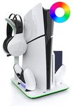 Foamy Lizard PS5 Slim Vertical Stand | RGB Lighting, Cooling Fans, Magnetic Controller Fast Charging, Headphone Hook, Digital/Disc Edition with Overcharge Protection for Playstation 5 (White/Black)