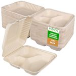 ECORIYO 3 Compartment Food Container - 100-Pack of Clamshell Takeout Box, Microwave-Safe To Go Containers & Disposable Food Box - Take Out Food Containers from Sugarcane Fiber