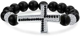 Sideways Cross Diagonal Black Onyx White Pave Crystal Stretch Bracelet for Men for Women Rhodium Plated Alloy