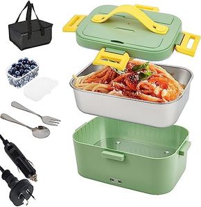 Electric Lunch Box 1.8L Large Food Heater 75W Leak-Proof Heated Lunch Box 12V 24V 220V 3 in 1 Portable Food Warmer for Car/Truck/Office 304 Stainless Steel Container Spoon & Fork and Carry Bag