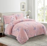 Marina Decoration Ultra Soft Silky Rich Printed Rayon from Bamboo All Season 4 Pieces Duvet Cover Fitted Sheet Ensemble Bedding Set with Zipper and Corner Tie, Purple Floral Pink Pattern Queen Size