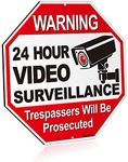 ANLEY 24 Hour Video Surveillance Aluminum Warning Sign, Trespassers Will Be Prosecuted - No Trespassing Security Alert - UV Protected and Weatherproof - 12" x 12"