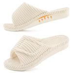 Litfun Orthopedic House Slippers for Women Adjustable Arch Support Indoor Slippers Open Toe Corduroy Bedroom Shoes, Beige 6-6.5
