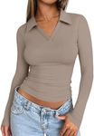 Trendy Queen Women Long Sleeve Tops Polo T Shirts V Neck Slim Fit Fall Outfits Winter Fashion Business Soft Sexy Clothes 2024 CoffeeGrey L