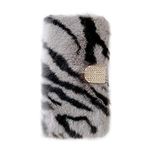 Awenroy Furry Wallet Case for iPhone 12 / iPhone 12 Pro Fluffy Handmade Hair Soft and Comfortable Plush Vogue Stylish and Bling Crystal Design Premium Leather Flip Wallet Case - Zebra 1