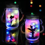 2 Pack Solar Powered Mason Jar Lights, Solar Fairy Lights Glass Mason Jar with 2pcs Hook, LED Hanging Lamp Solar Lights, Frosted Glass Mason Jar Lamp for Garden, Pathway, Wedding, Christmas Decoration