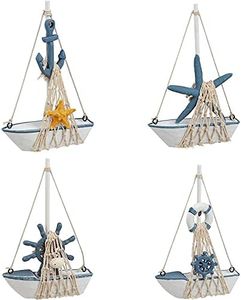 Juvale Set of 4 Mini Wooden Sailboat Models for Beach Nautical Home Decor, Miniature Boat Decorations