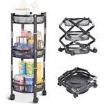 MAMMOTH 3-Tier Metal Storage Rolling Cart, Collapsible Utility Cart, No Assemble, Multifunction Serving Organizer Trolley with Lockable Wheels for Kitchen, Living Room, Bathroom,Black