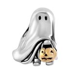 LSxAB Happy Halloween Ghost with Pumpkin Lantern Charm Compatible with Pandora Bracelets