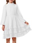 MITILLY Girls Elegant Long Sleeve Crew Neck Ruffle Flowy Formal Wedding Party Midi Dress for Kids 6-12 Years, White, 10 Years