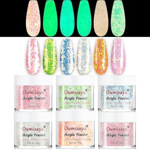 OUMISAYA Super Bright Glow in the dark Glitter Nail Acrylic Powder 6 Colors Set APG060 Pink White Blue Green Orange Colors Collection
