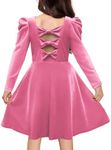 Arshiner Girls Long Sleeve Dress Fall Winter Velvet Crew Neck Bow Back Formal Party Flare Dresses with Pockets Hot Pink 10-11Y