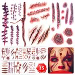 15 Sheets Halloween scar tattoos Stickers with Fake Scab Blood,zombie tattoo,halloween scar makeup,halloween face stickers, Halloween costume for women Makeup Props