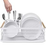 Navaris Dish Drainer Rack - Plate, Silverware, Pots and Pans Drying Rack for Kitchen with Beechwood Handles - Modern Retro Design Drip Tray - White