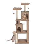 AmazonBasics Plush Fur Fabic Multistory Cat Tree with Condos, Perches and Sctraching Post Furry Hanging Ball, Dark Beige with White Rope (XL)