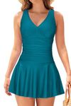 SHEKINI Women's Back Crisscross Swimdress Tummy Control One Piece Skirt Swimsuit（Deep Green,Small）