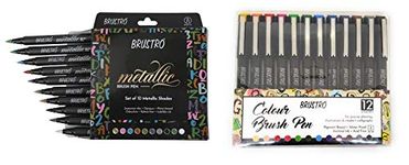 BRUSTRO Metallic Brush Pens - Soft Brush Tip for Calligraphy, Hand Lettering, Colouring, Scrapbooking, Card Making - Set of 10 Colors.