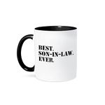 3dRose Best Son in Law Ever Fun Inlaw Gifts Family and Relative Gifts Two Tone Black Mug, 11 oz, Black/White