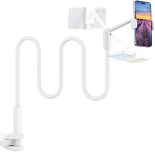 SAIJI Gooseneck Phone Holder for Bed, 360° Rotate Support Rod One-Hand Adjustable Cell Phone Stand, Compatible with All 4.7-7" Devices(White)
