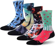 HUSO Outdoor Hiking Socks for Men Women Lightweight Colorful Funky Athletic Cycling Crew Socks 4 Pairs (Penguin, Coconut Palm, Floral, Watermelon)