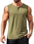 COOFANDY Mens Designer Tank Tops Round Neck Henley Elastic Tee Shirt Sleeveless Undershirts Army Green Large