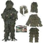 Ghillie Suit, 5 in 1 Camouflage Hunting Apparel 3D Camo Hunting Clothes Including Jacket Pants Hood Carry Bag for Hunting Military Shooting Training Paintball Airsoft Halloween (Forest Adult)