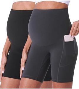 POSHDIVAH Women's Maternity Shorts Over The Belly Biker Yoga Active Pregnancy Workout Short Pants with Pockets 2PCS Black Grey 8" XX-Large