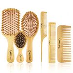 BestFire 6 in 1 Hair Brush Comb for Men Women Handle Bamboo Bristle Hairbrush Set with Tail Comb, Tooth Comb, Double Head Comb, 3 Different Air Cushion Massage Brush for Massaging Scalp (6 set)