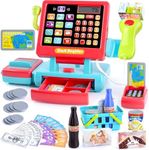 PLAY Kids Cash Register Toy Supermarket with Register Pretend Play Calculator Register Toys with Scanner/Microphone/Credit Card/Conveyors/Cans/Drink/Play Money, Cash Register for Kids Ages 3+