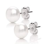 MABELLA 925 Solid Sterling Silver AAA Genuine Freshwater Cultured Pearl 9MM White Button Stud Earrings Mother's Day Gifts for Her