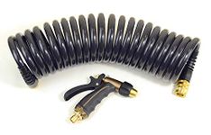 Olmsted Forge Hose Kit: 1/2" ID x 25' HP Quality Coiled Hose (Charcoal Gray) with Metal Body Spray Nozzle and Brass Quick Release Swivel Connector