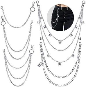 5 Pieces Jeans Chains Set Hip Hop Pants Chains Pocket Chain Butterfly Lock Star Pendant Belt Multi Layer Chains for Men Women, Classic Style