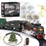 Christmas Electric Remote Control Train Set with Smoke, Lights, Sound, Locomotive, Cars and Remote Carriage, 3 Smoke Outlets, USB Rechargeable, with Track, Under Christmas Tree, Gifts for Kids 3+