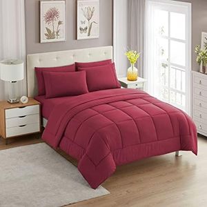 Sweet Home Collection 7 Piece Comforter Set Bag Solid Color All Season Soft Down Alternative Blanket & Luxurious Microfiber Bed Sheets, Burgundy, Twin