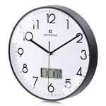 Lafocuse Silent Kitchen Wall Clock with Date and Day Temperature,Black Wall Clocks for Living Room Modern Bedroom,LCD Display Quartz Digital Wall Clock Battery Operated for Office 12 Inch